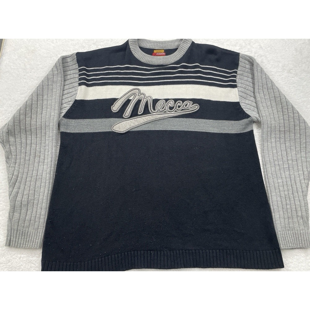 Vintage 90s Y2K Mecca Embroidered Crewneck Sweater Gray Acrylic‎ Hip Hop 3XL